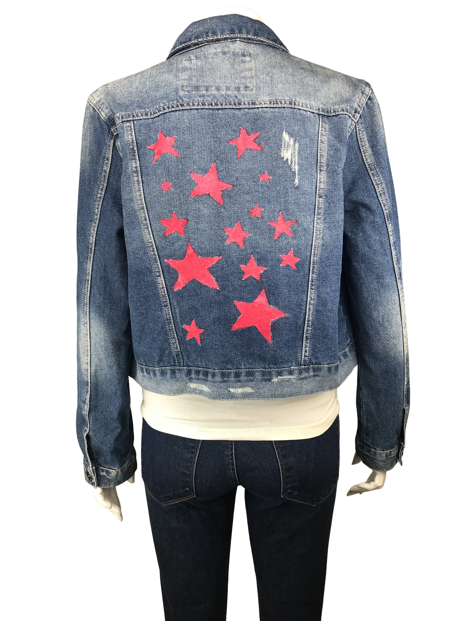 91 Cotton On, Teen Girls' Painted Star Denim Jacket, Medium Indigo, Size 6