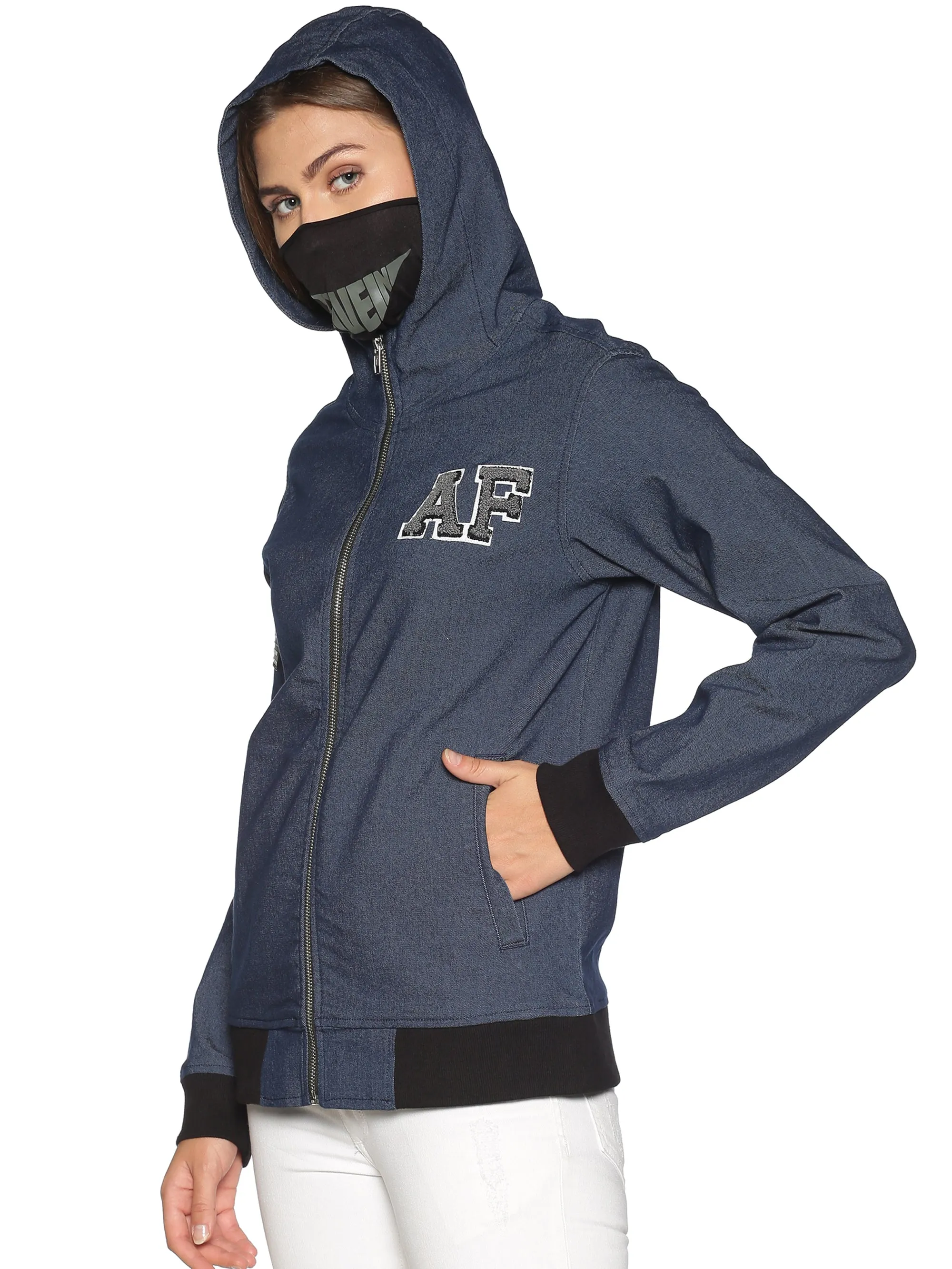 ArcticFox Female Denim Blue sweatshirt with Integrated Mask & Hoodies