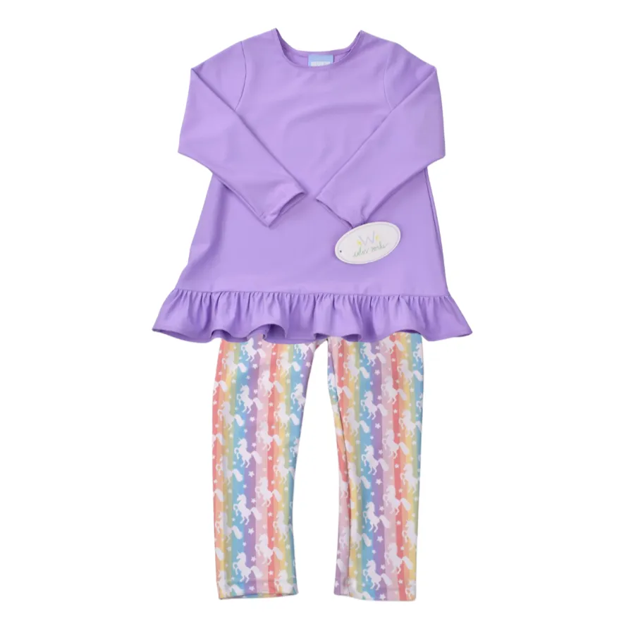 Athletic Ruffle Purple Top and Unicorn Print Legging Set