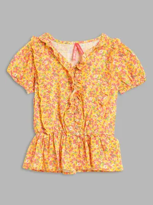 Blue Giraffe Girls Yellow Printed V Neck Top