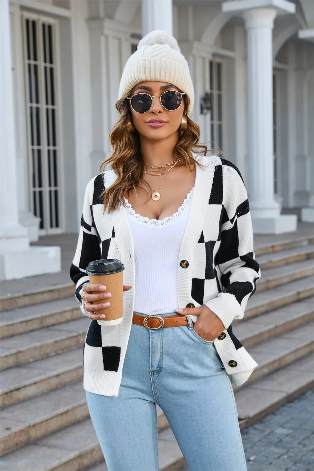 Button-Up V-Neck Dropped Shoulder Cardigan