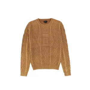 C14156-BRAIDED EMBROIDERED KNIT SWEATER-Camel