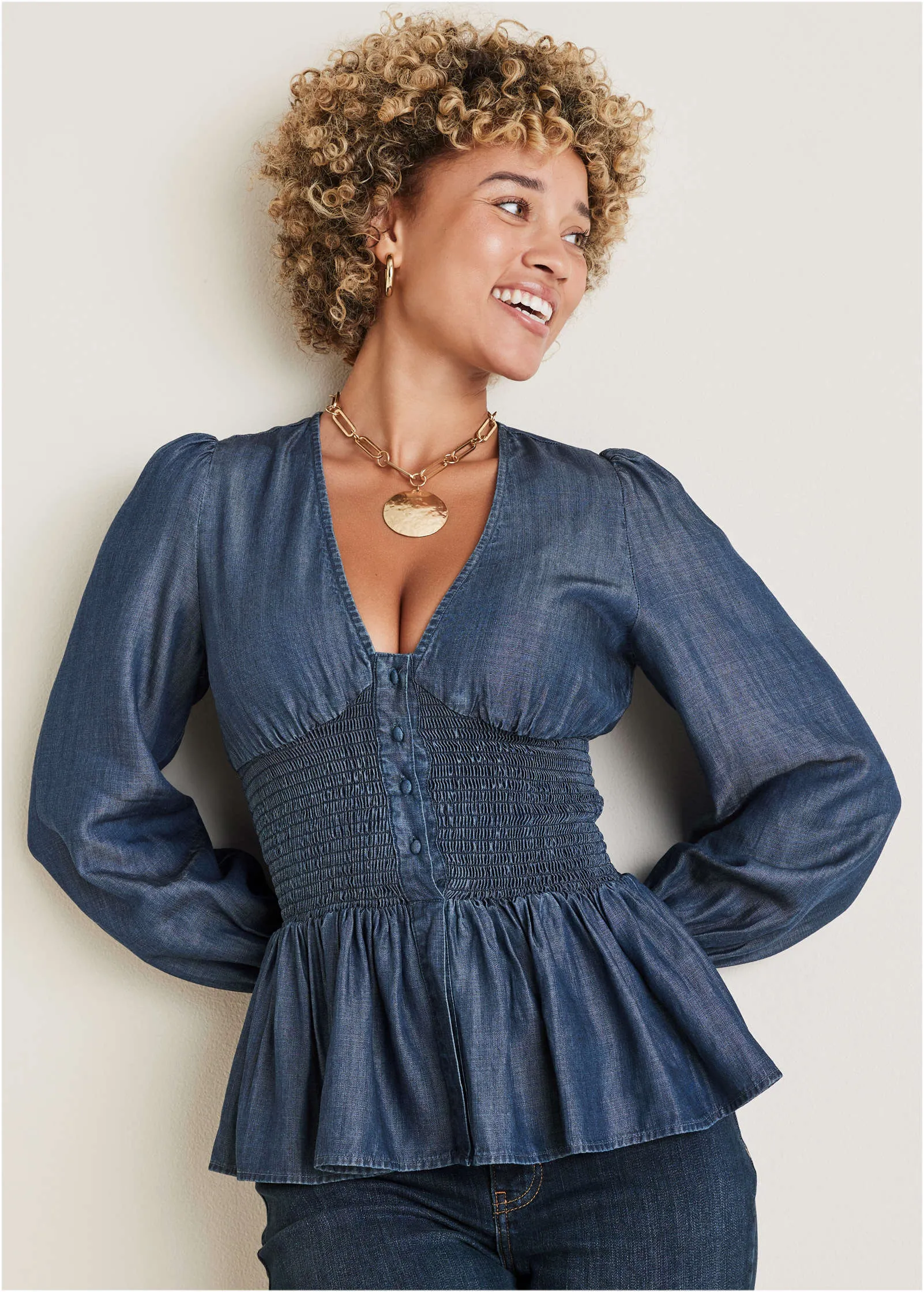 Chambray Smocked Top - Dark Wash