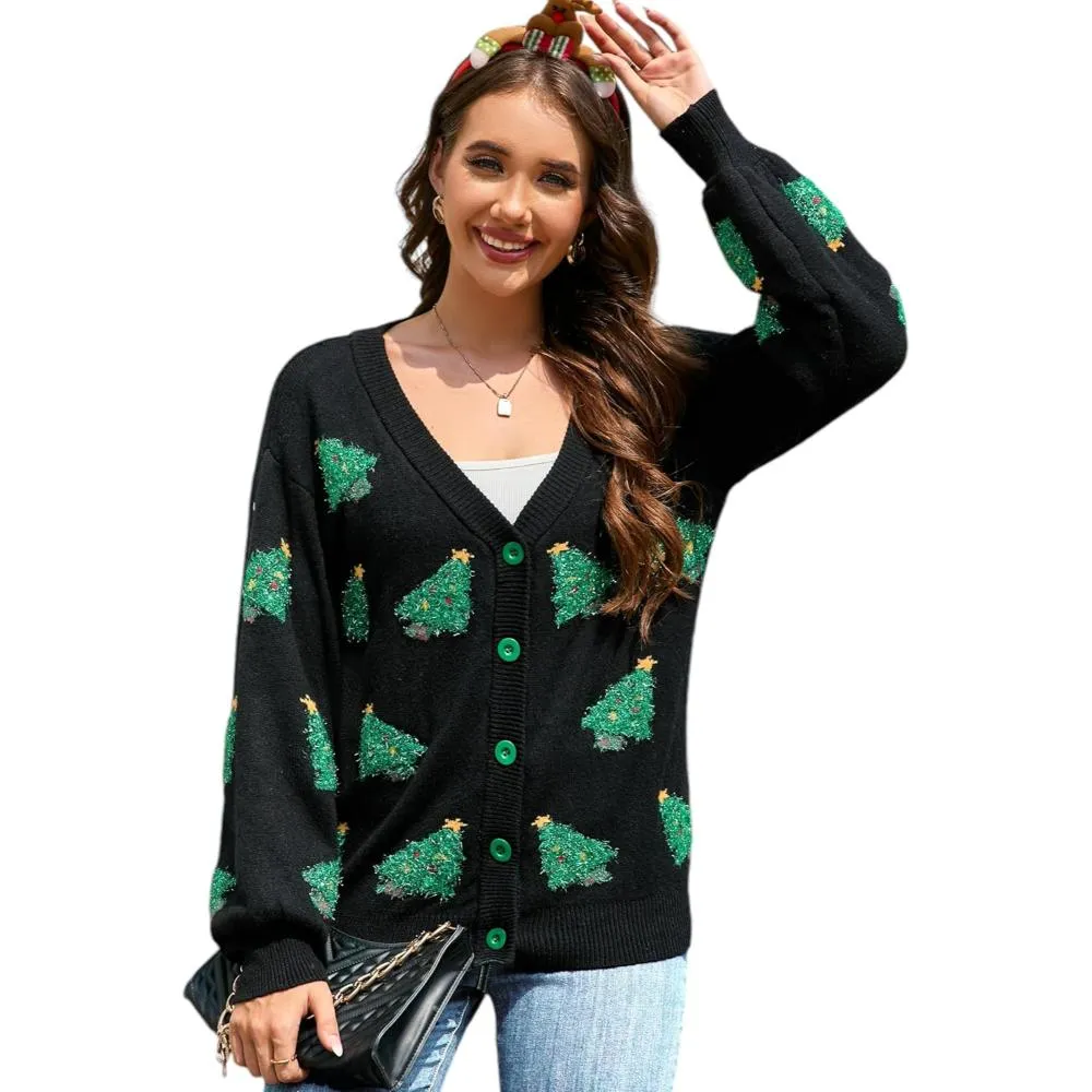 Cheerful Button Up Knitted Sweater With Christmas Charm