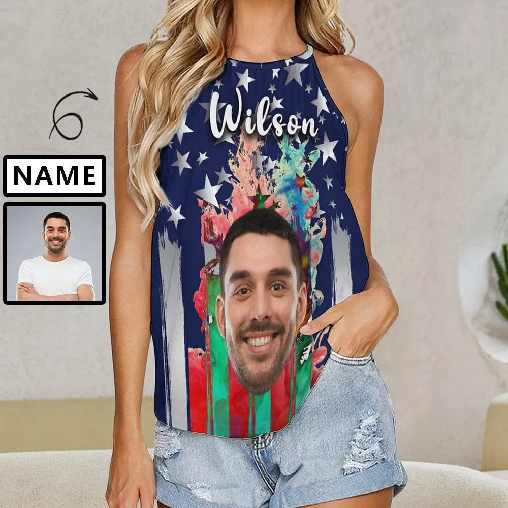 Custom Face&Name Colorful Flag Tops Summer Halterneck Strapless Vest Shirt Print Women's Loose Top