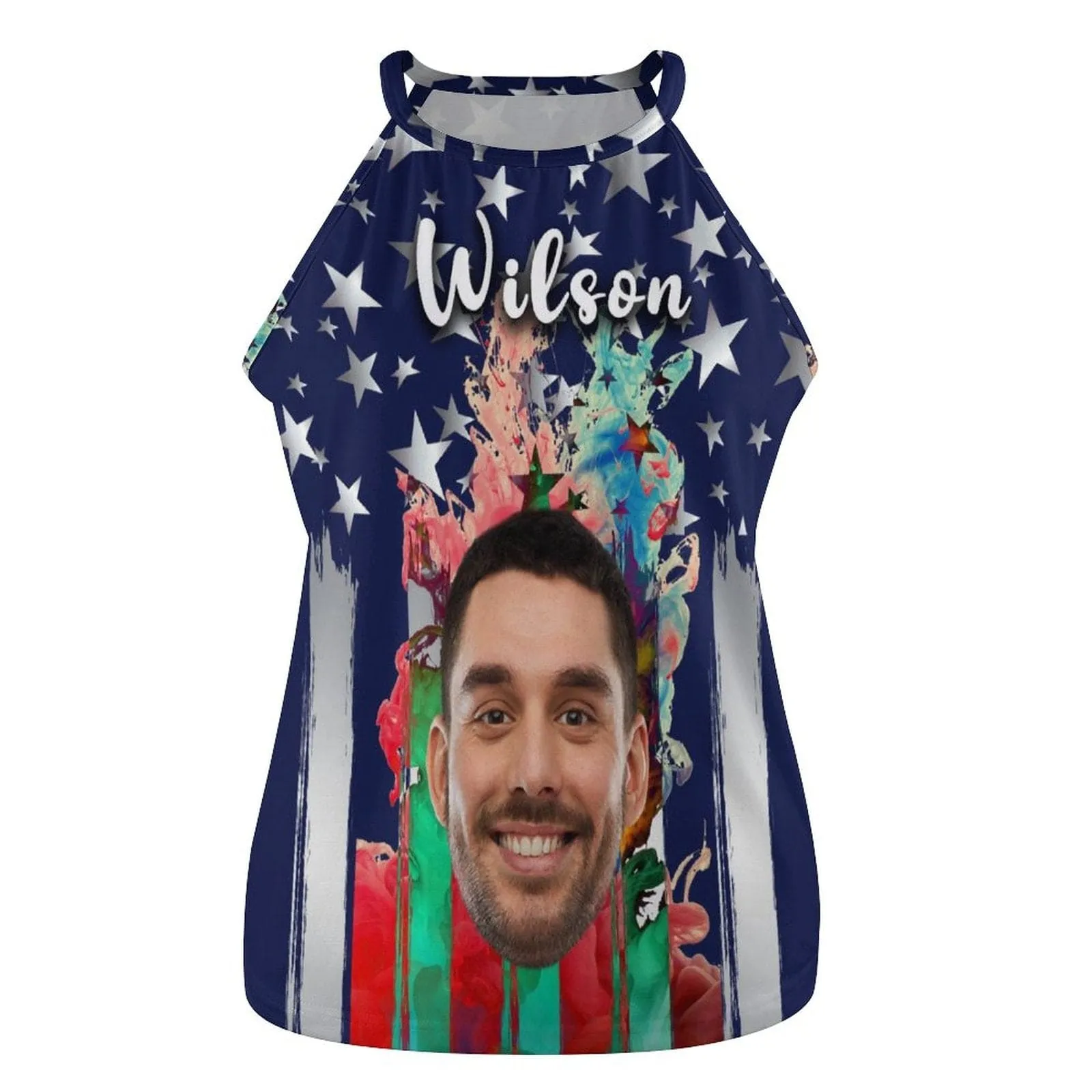 Custom Face&Name Colorful Flag Tops Summer Halterneck Strapless Vest Shirt Print Women's Loose Top