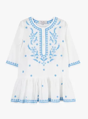 Embroidered Kaftan in White/Blue