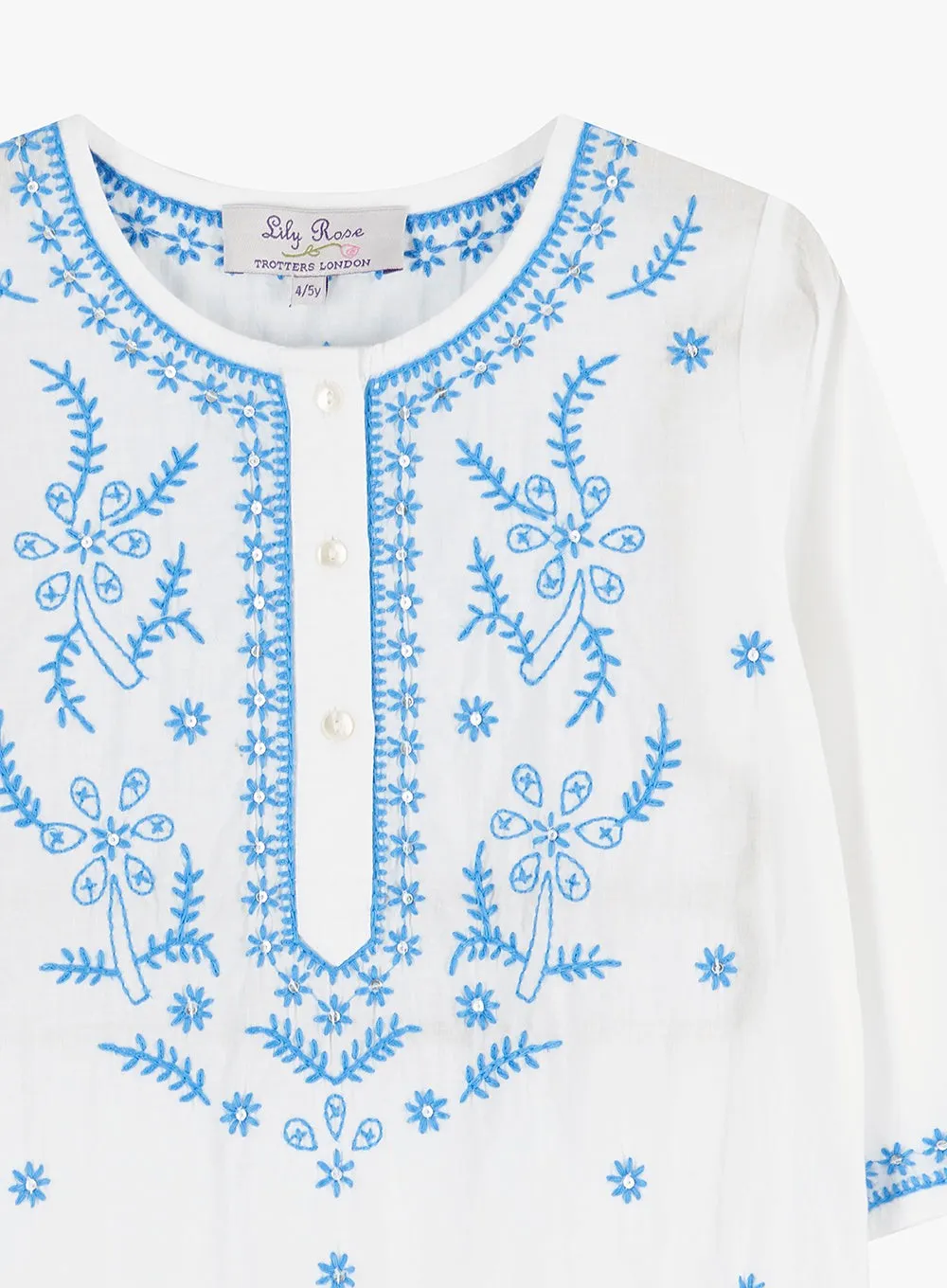 Embroidered Kaftan in White/Blue