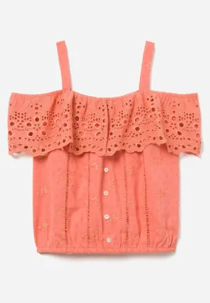 Eyelet Ruffle Button-Up Tank