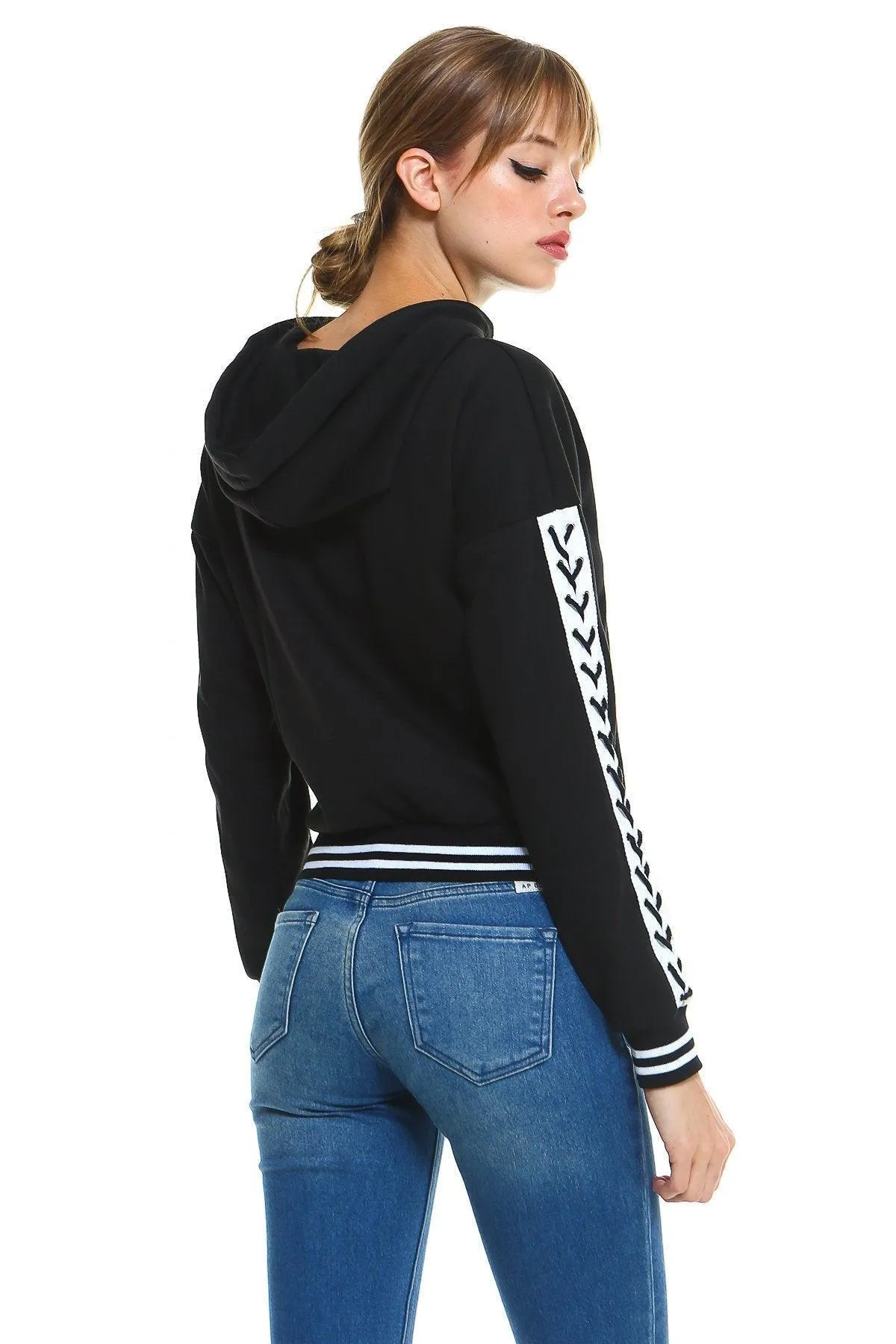 Fleece Lace Up Detail Sleeve Hooded Top