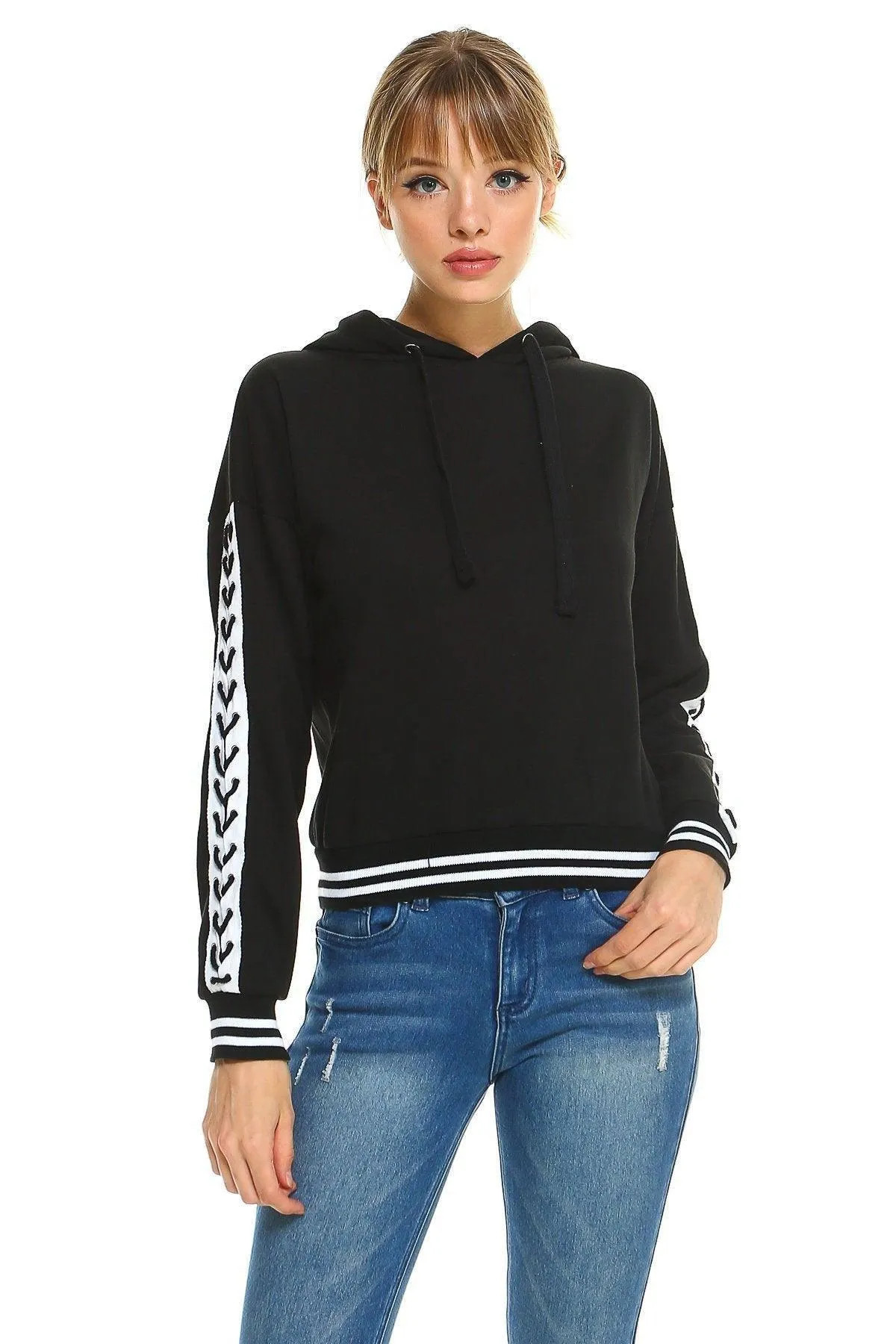 Fleece Lace Up Detail Sleeve Hooded Top