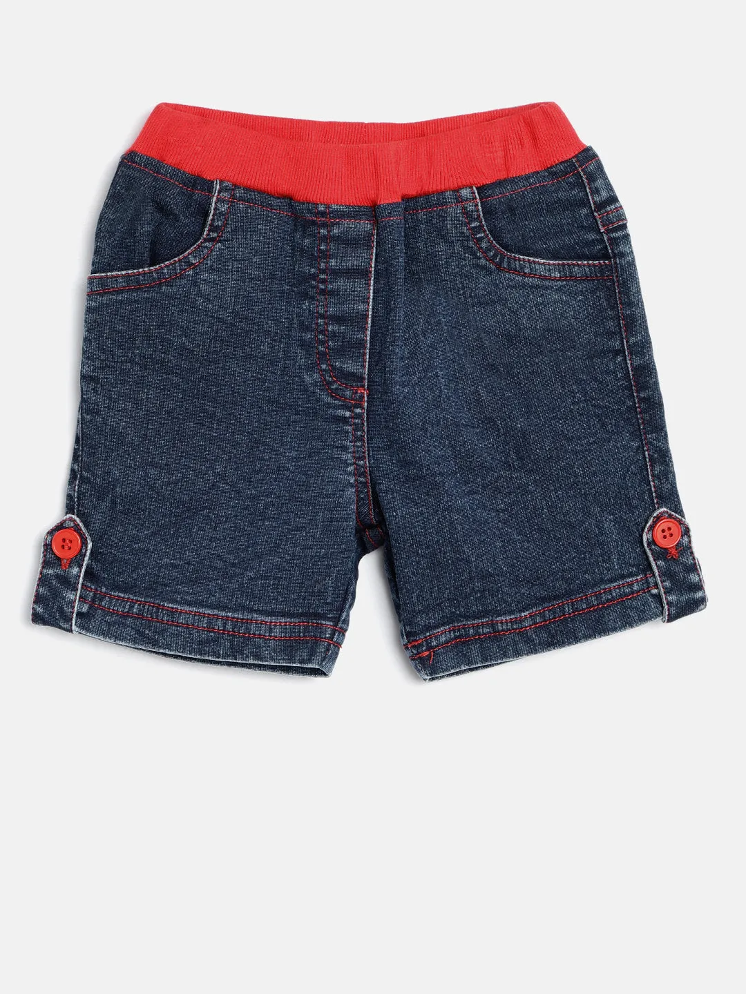 Gilr's Denim Washed Shorts With Red Waistband And Side Loop - StyleStone Kid