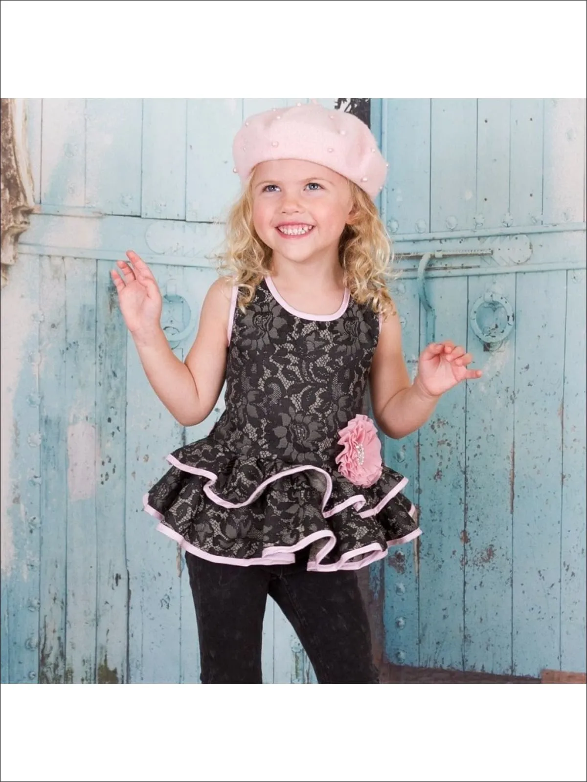 Girls Black Embossed Lace Sleeveless Double Peplum Top w/ Flower Clip Top