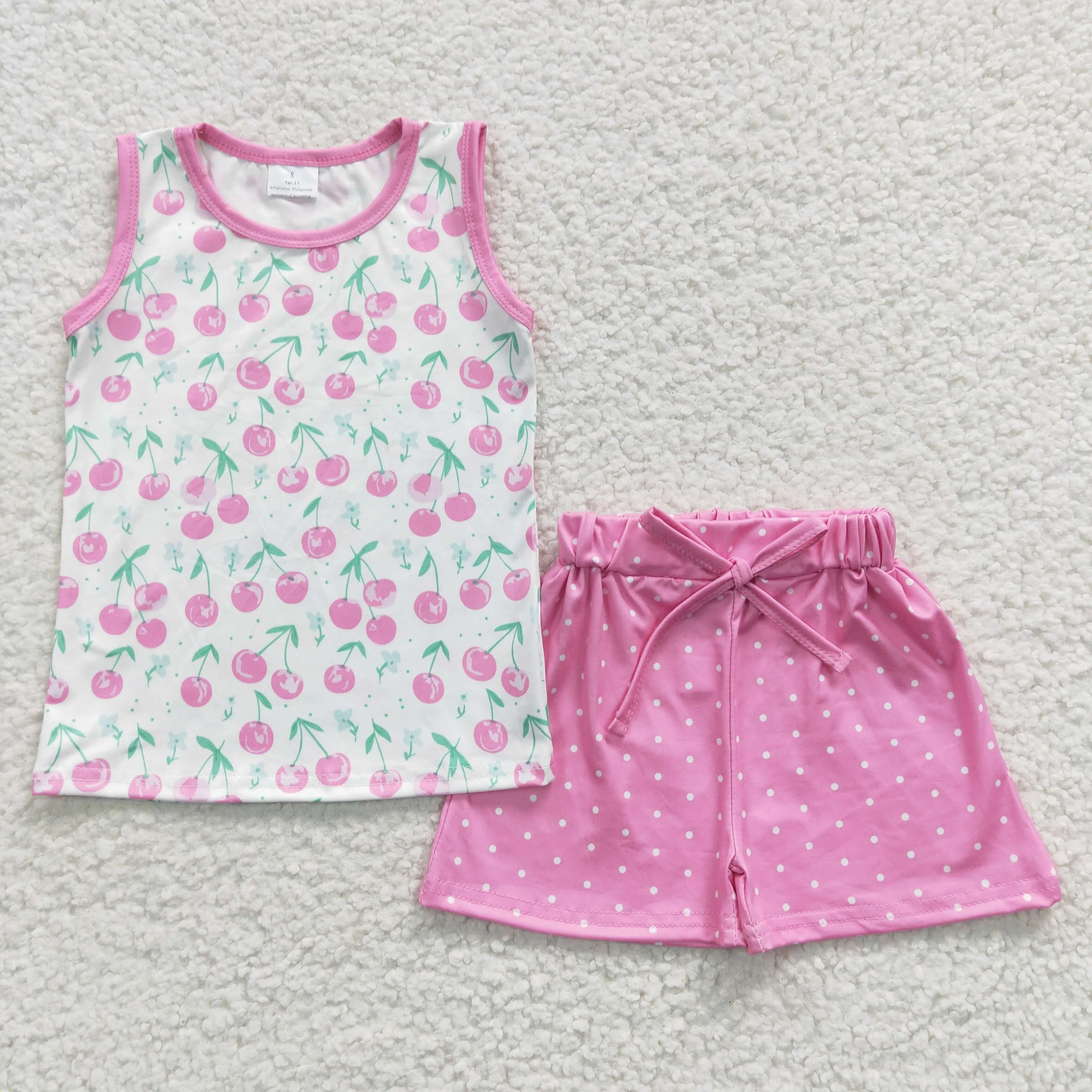 girls cherry printed tank tops shorts sets GSSO0323