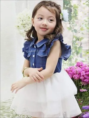 Girls Denim Flutter Sleeve Tiered White Tutu Dress