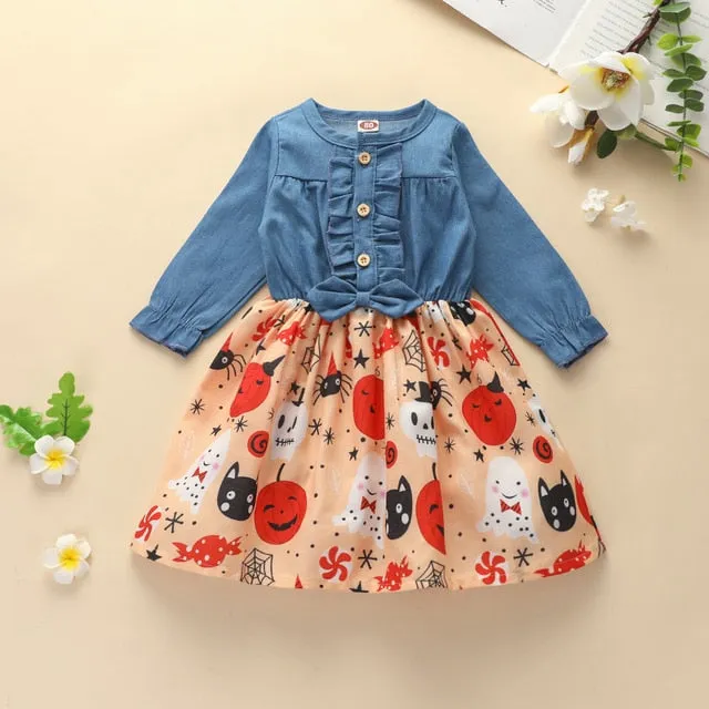 Girls Denim Splice Dresses Toddler Halloween Pumpkin Ghost Pattern Dress