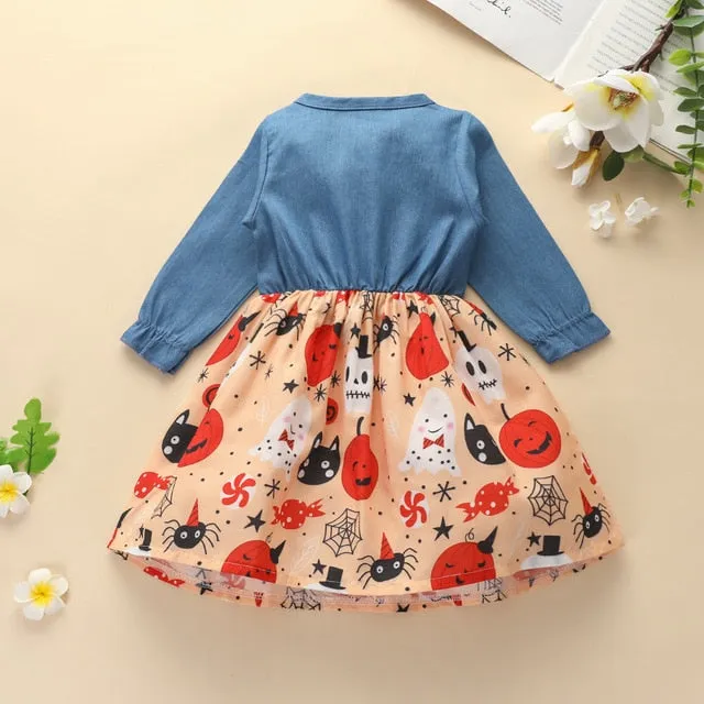 Girls Denim Splice Dresses Toddler Halloween Pumpkin Ghost Pattern Dress