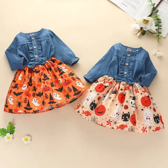 Girls Denim Splice Dresses Toddler Halloween Pumpkin Ghost Pattern Dress