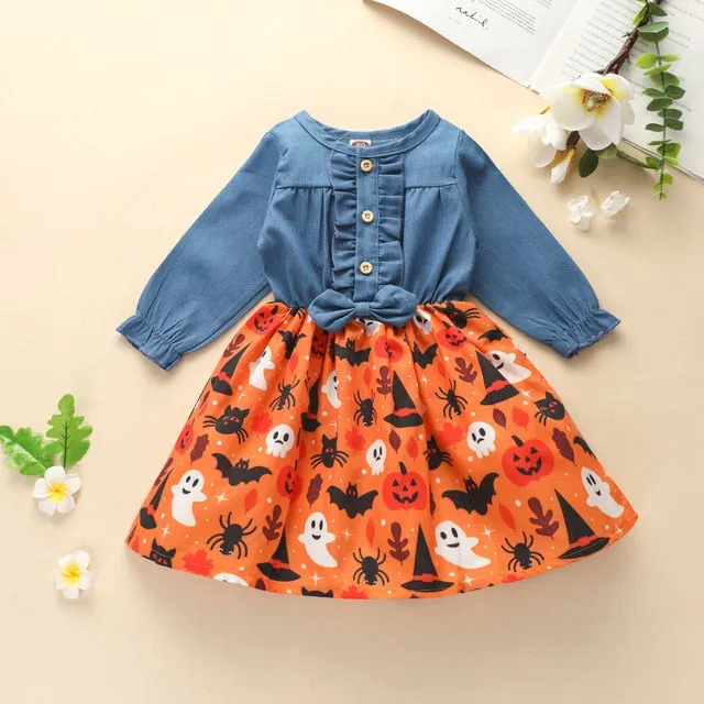 Girls Denim Splice Dresses Toddler Halloween Pumpkin Ghost Pattern Dress