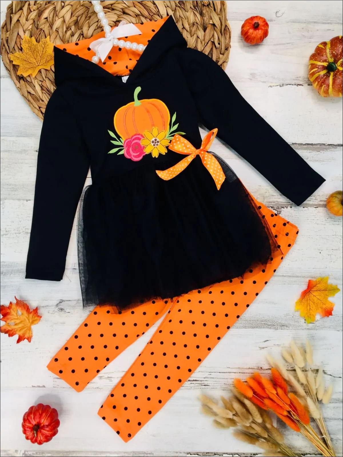 Girls Floral Pumpkin Peplum Tutu Hoodie with Bow And Polka Dot Legging Set