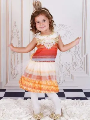 Girls Gold And Red Geometric Tiered Ruffle Dress