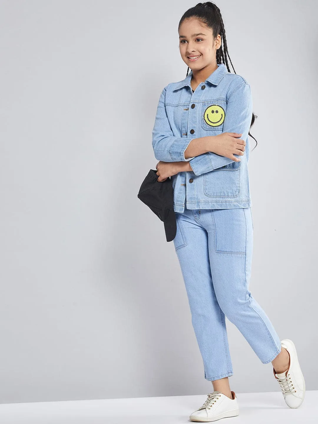 Girls Ice Blue Smiley Patch Denim Jacket - Lyush Kids