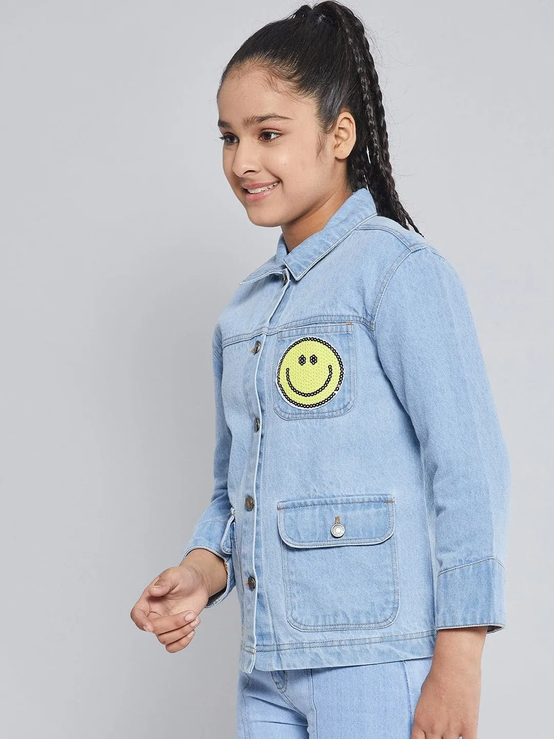 Girls Ice Blue Smiley Patch Denim Jacket - Lyush Kids