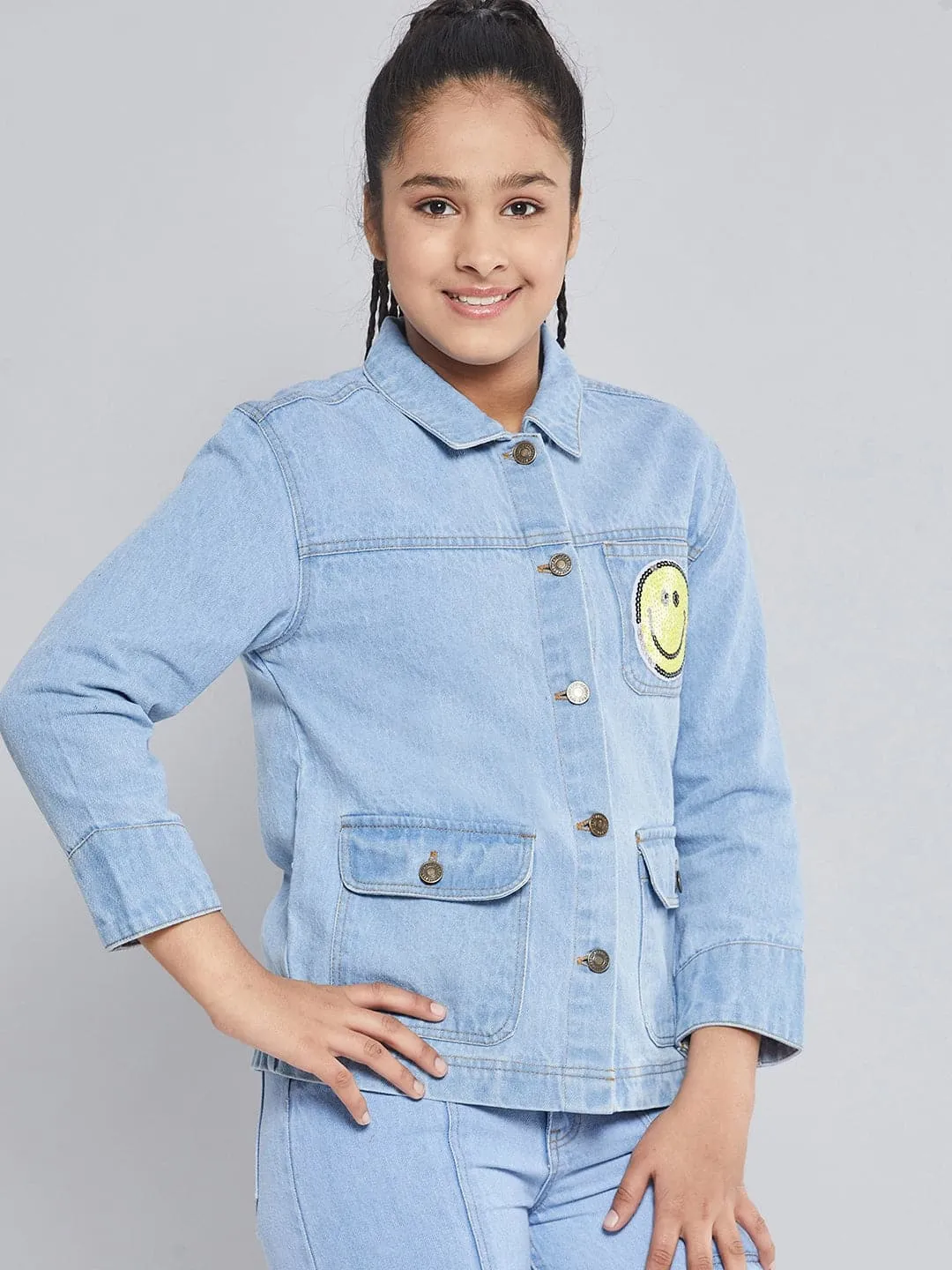 Girls Ice Blue Smiley Patch Denim Jacket - Lyush Kids