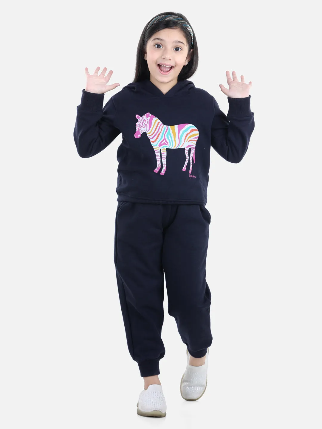 Girl's Navy Zebra Printed Hooded Track Suit Set - StyleStone Kid