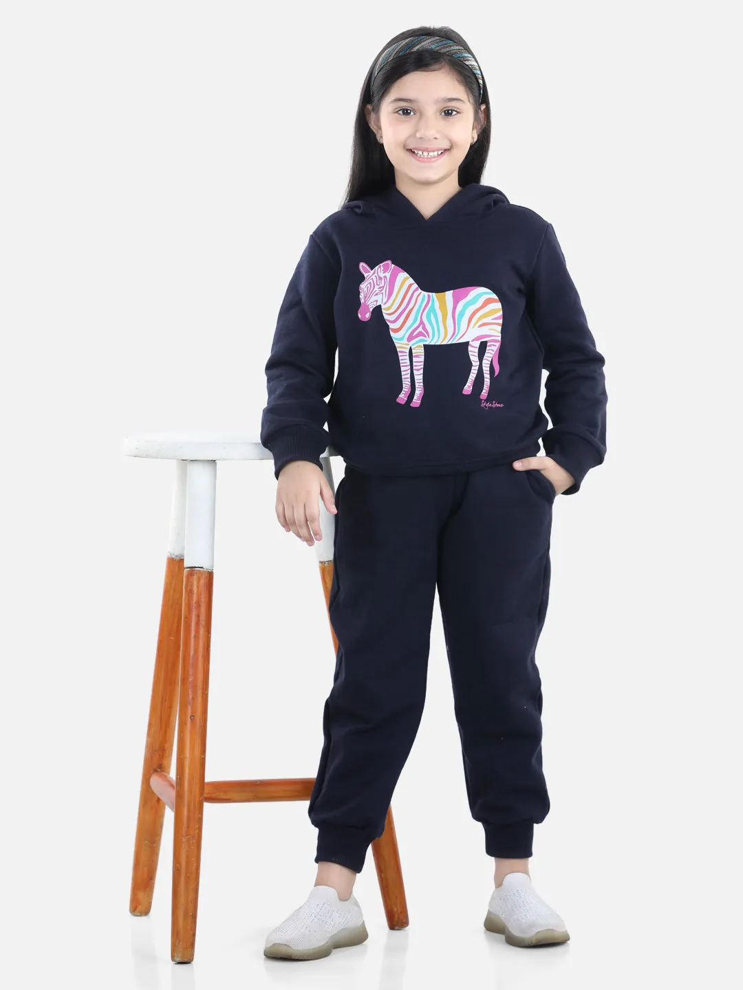 Girl's Navy Zebra Printed Hooded Track Suit Set - StyleStone Kid