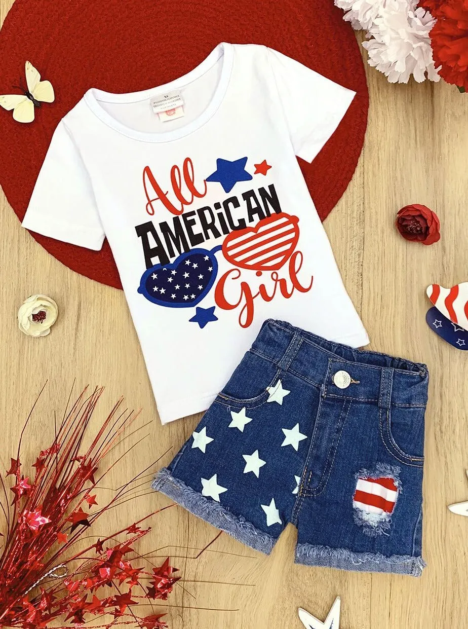 Girls Patriotic "All American Girls" Top and Denim Short Set