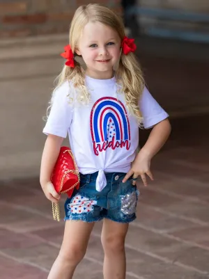 Girls "Freedom" Top and Denim Shorts with Sash Set