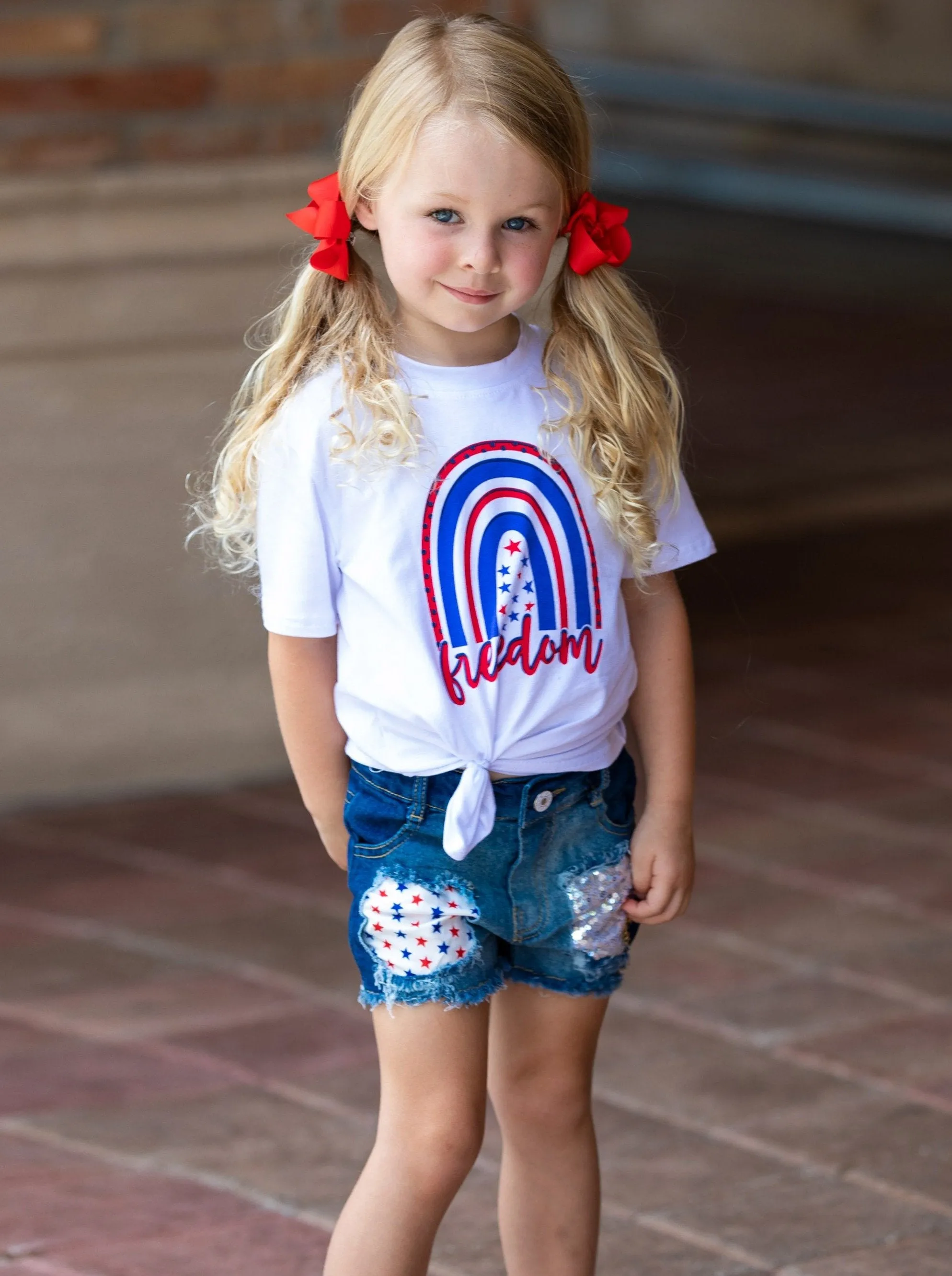 Girls "Freedom" Top and Denim Shorts with Sash Set