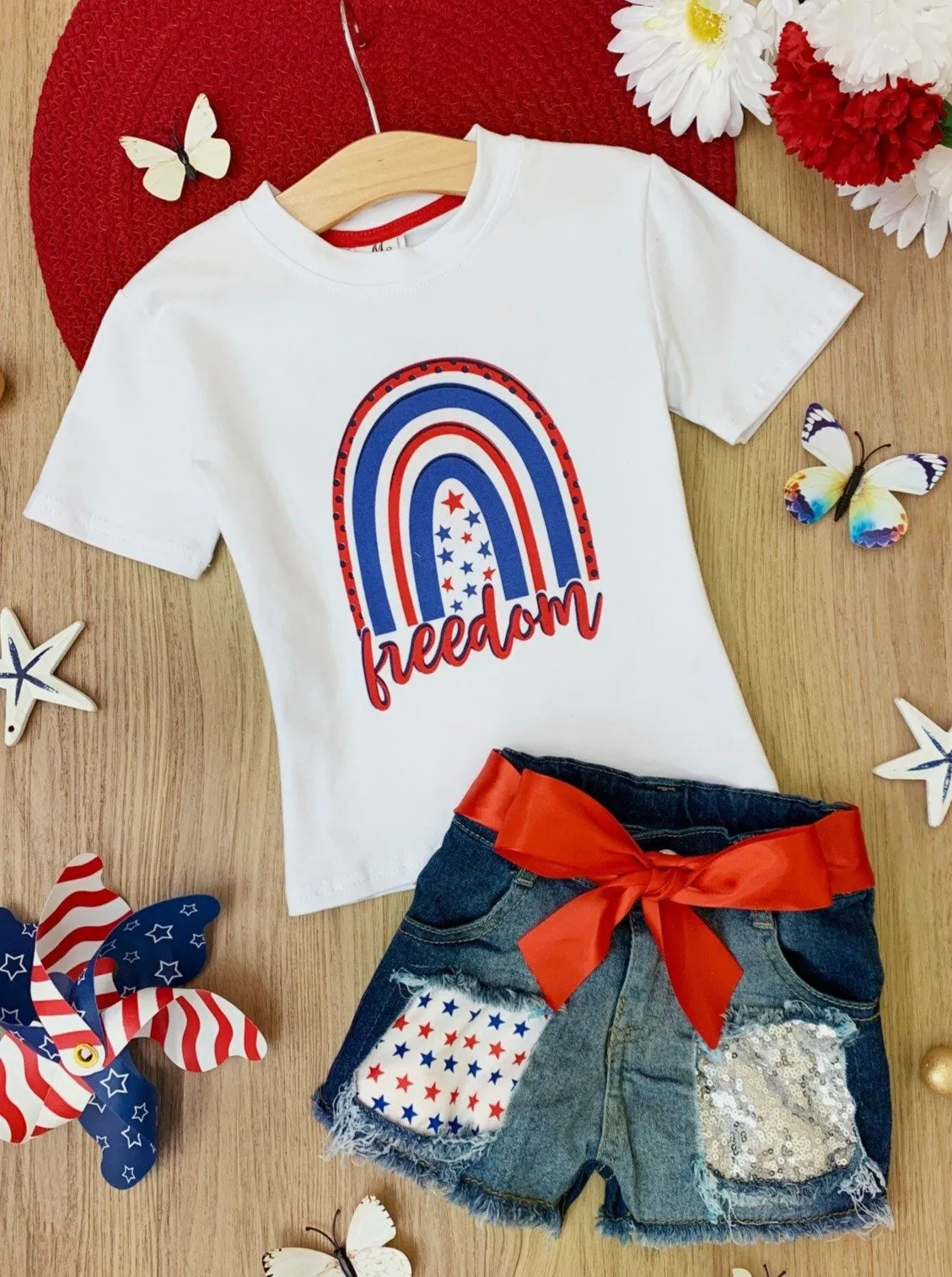 Girls "Freedom" Top and Denim Shorts with Sash Set