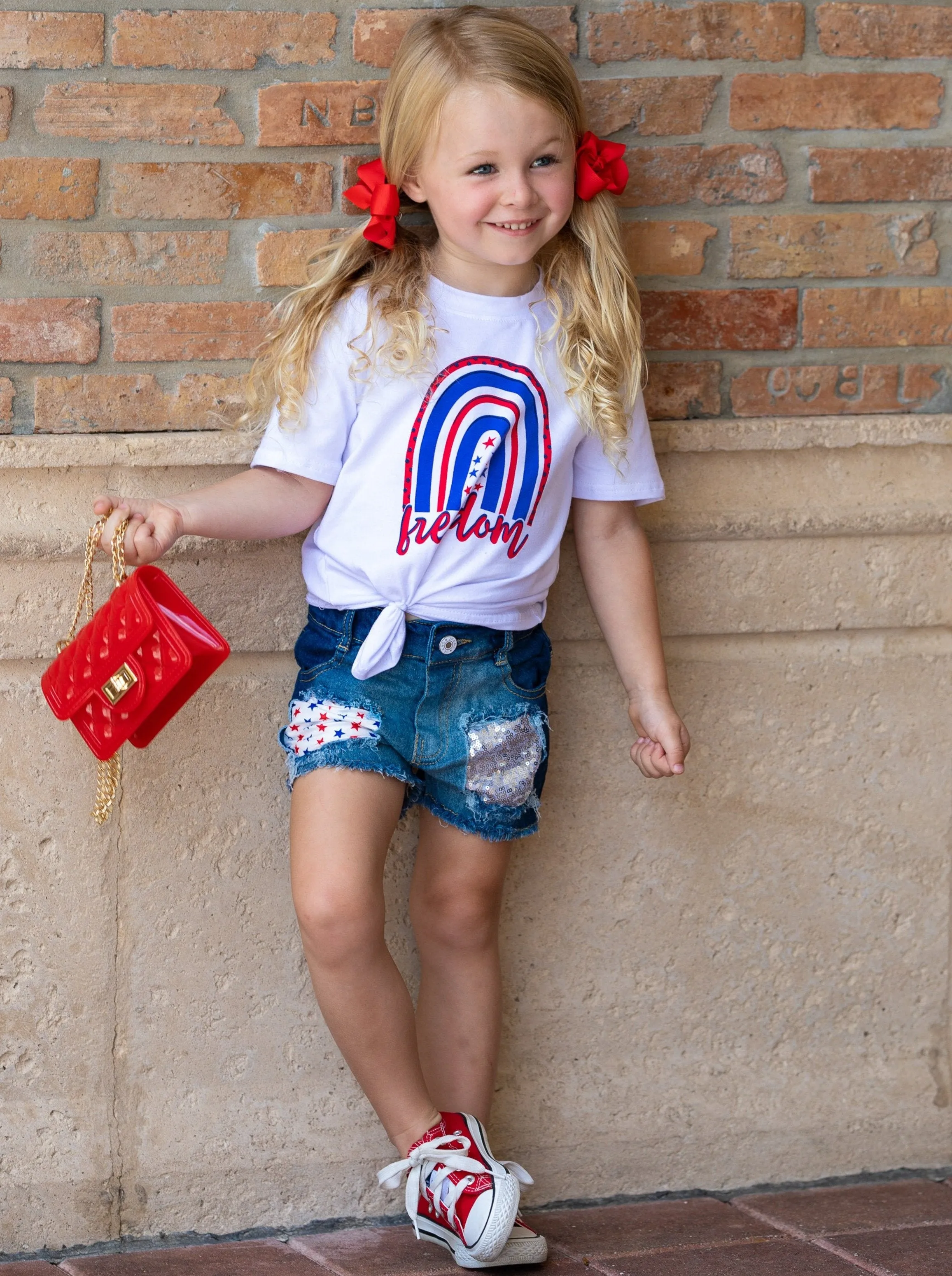 Girls "Freedom" Top and Denim Shorts with Sash Set