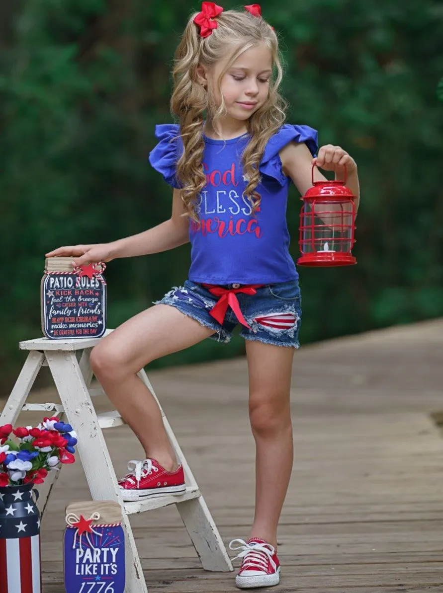 Girls "God Bless America" Top and Patched Denim Shorts Set