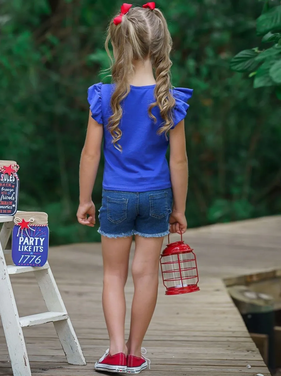 Girls "God Bless America" Top and Patched Denim Shorts Set