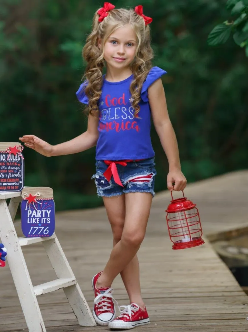 Girls "God Bless America" Top and Patched Denim Shorts Set