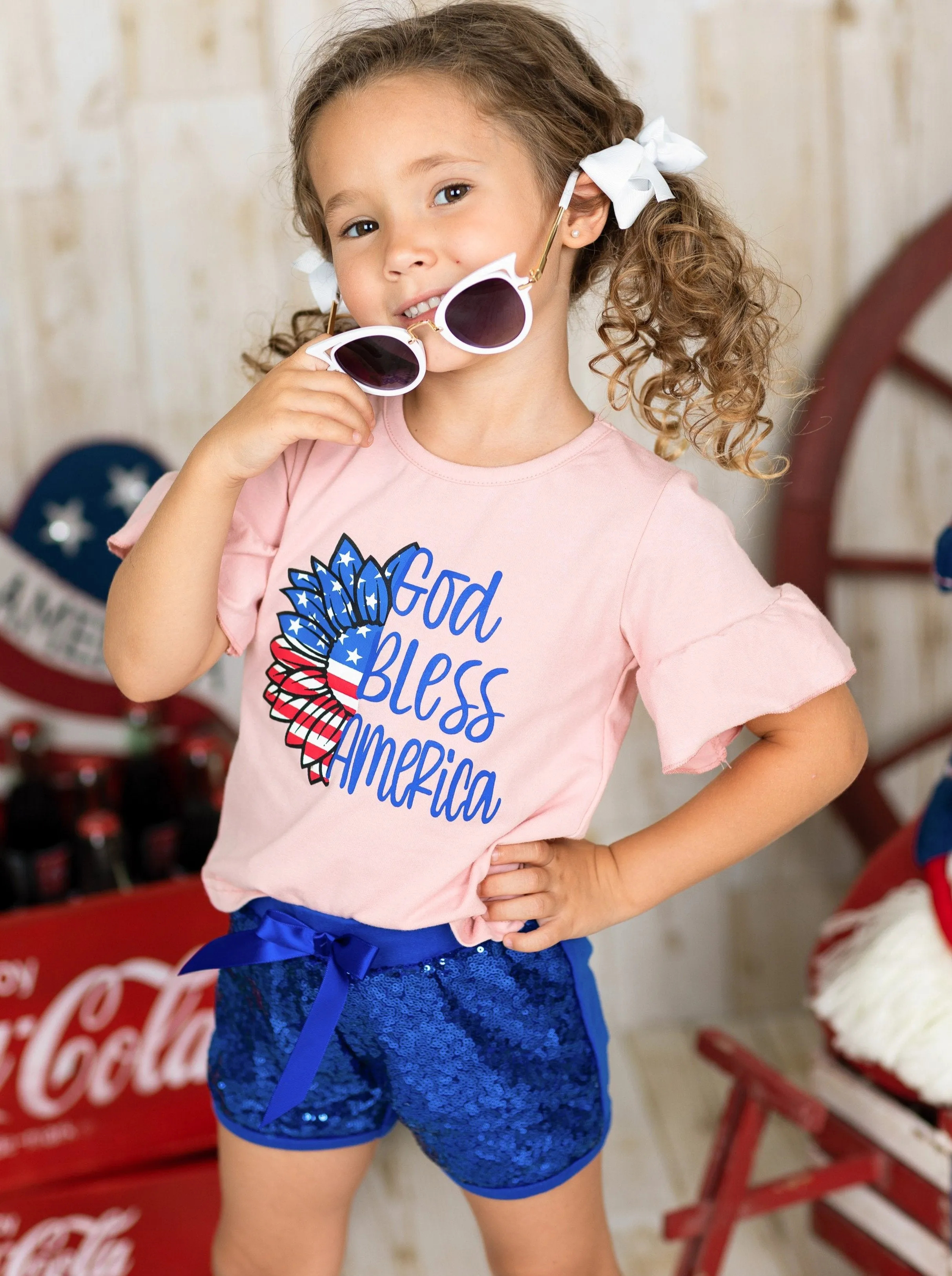 Girls "God Bless America" Top and Sequin Shorts with Sash Set