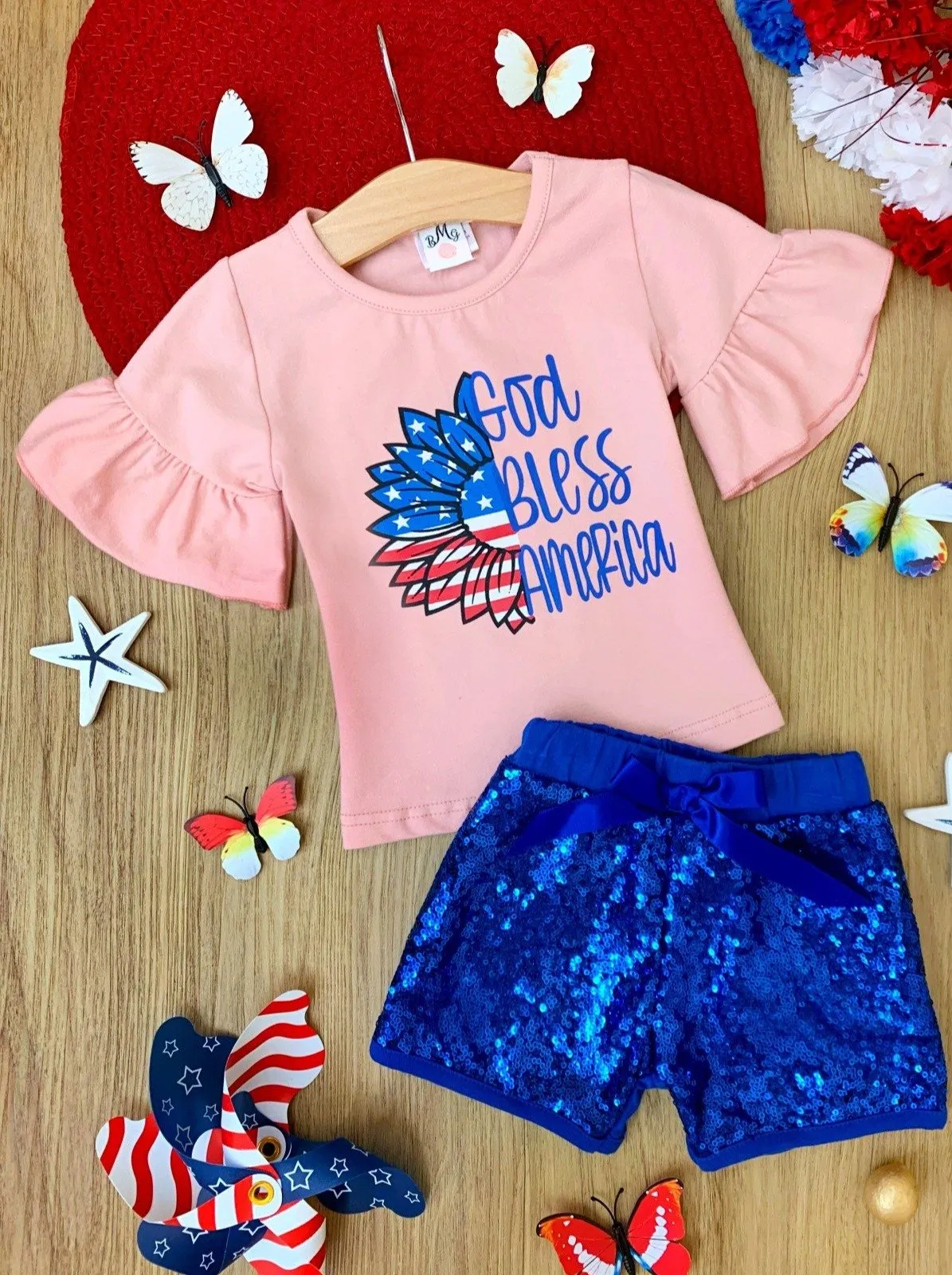 Girls "God Bless America" Top and Sequin Shorts with Sash Set