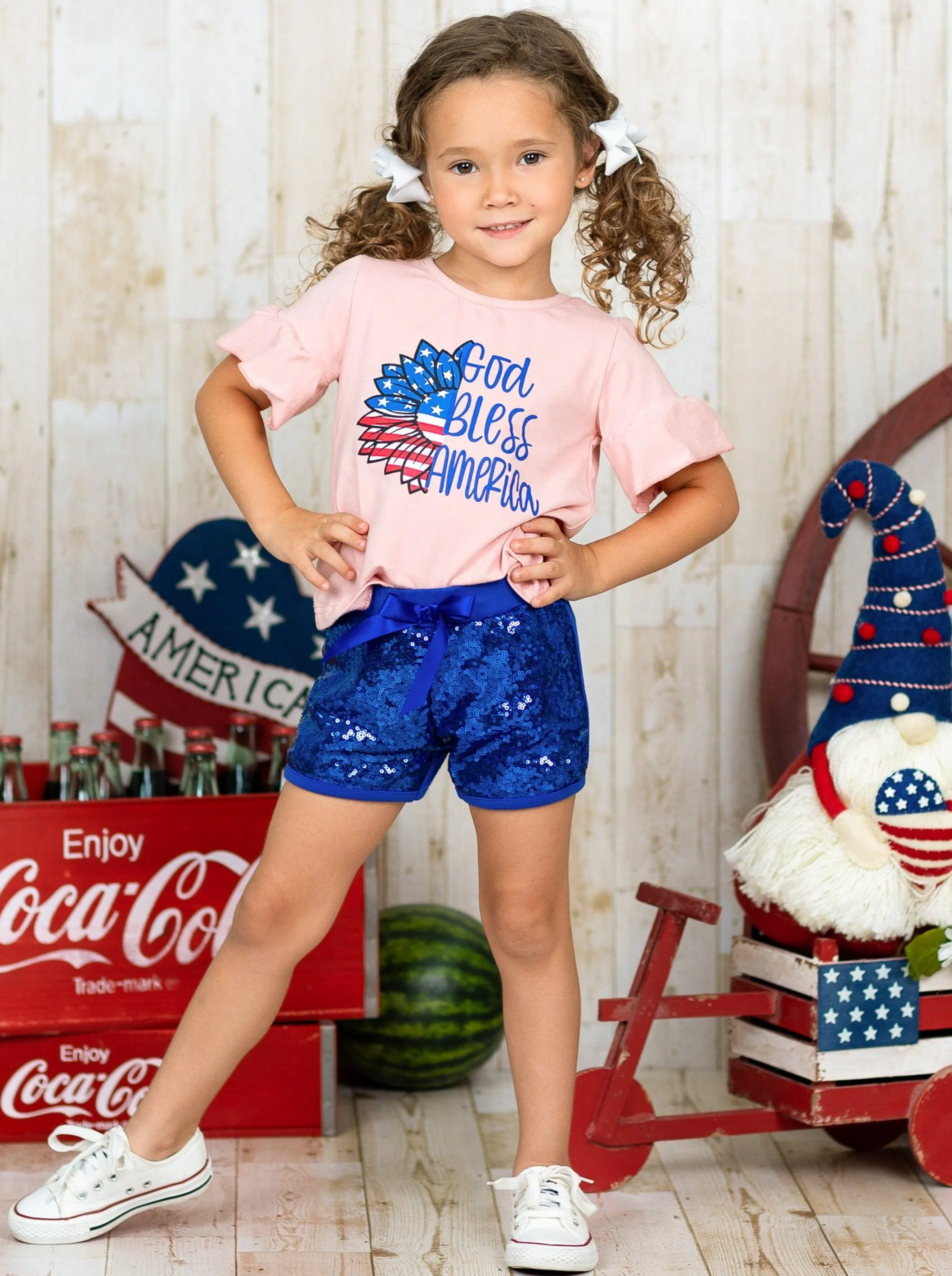 Girls "God Bless America" Top and Sequin Shorts with Sash Set