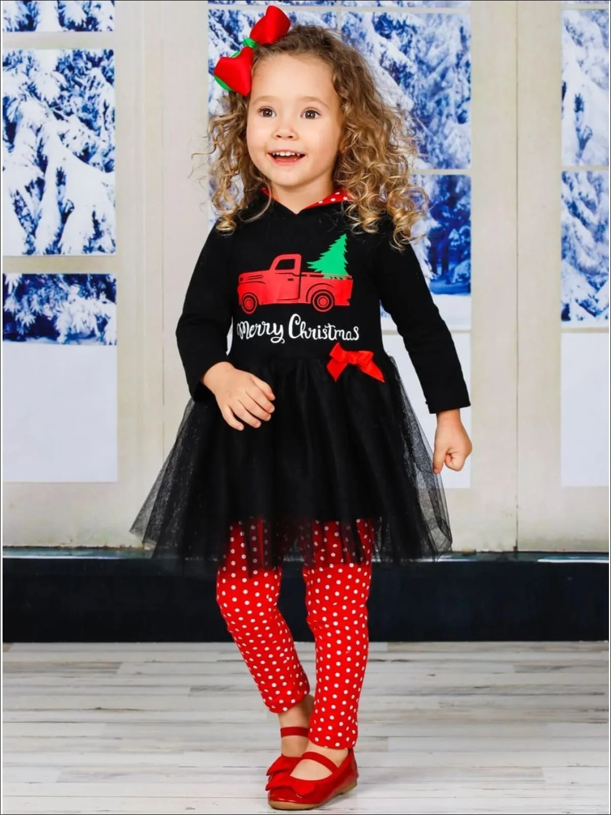 Girls "Merry Christmas" Truck Peplum Tutu Hoodie and Polka Dot Legging Set