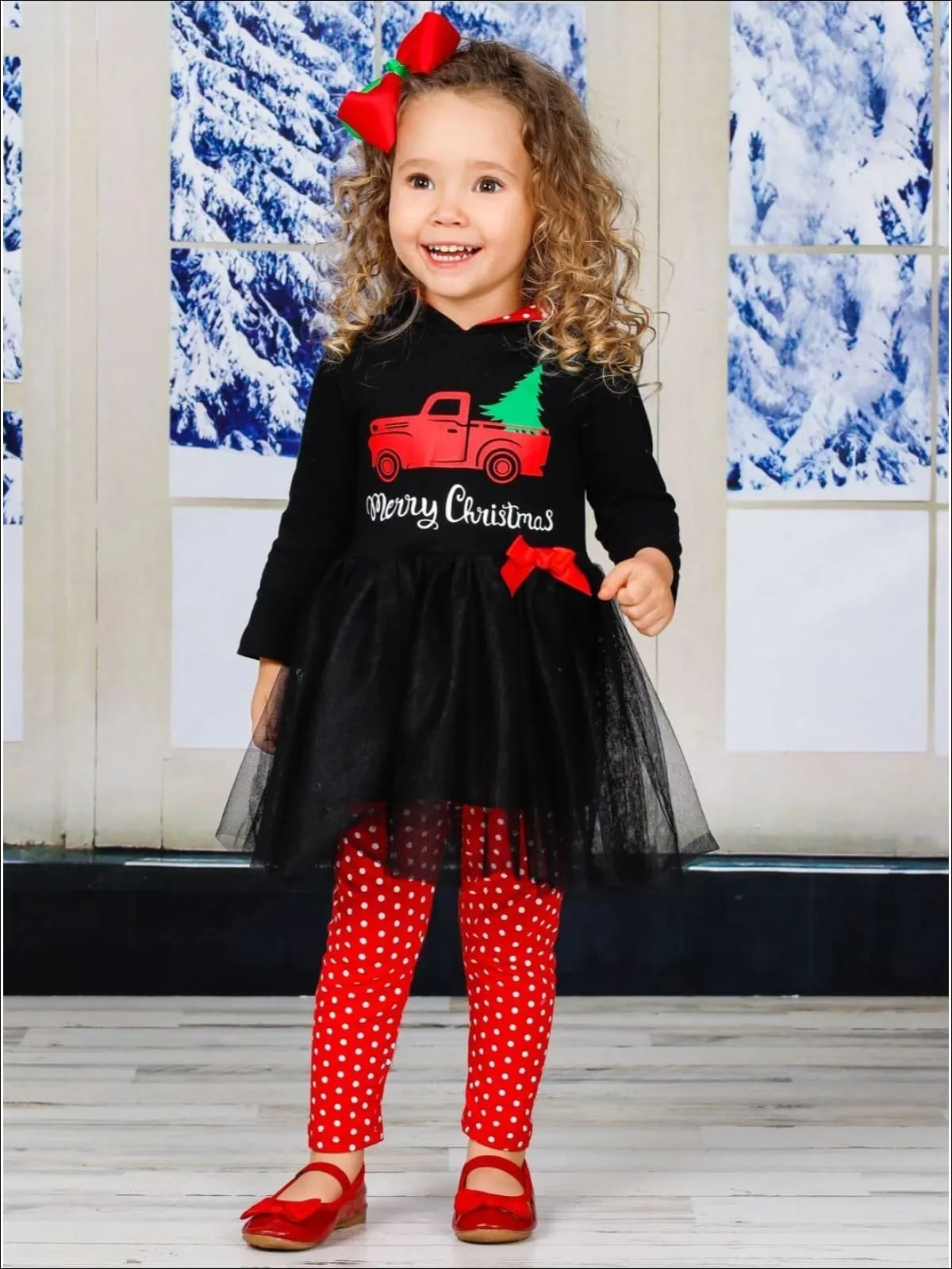 Girls "Merry Christmas" Truck Peplum Tutu Hoodie and Polka Dot Legging Set