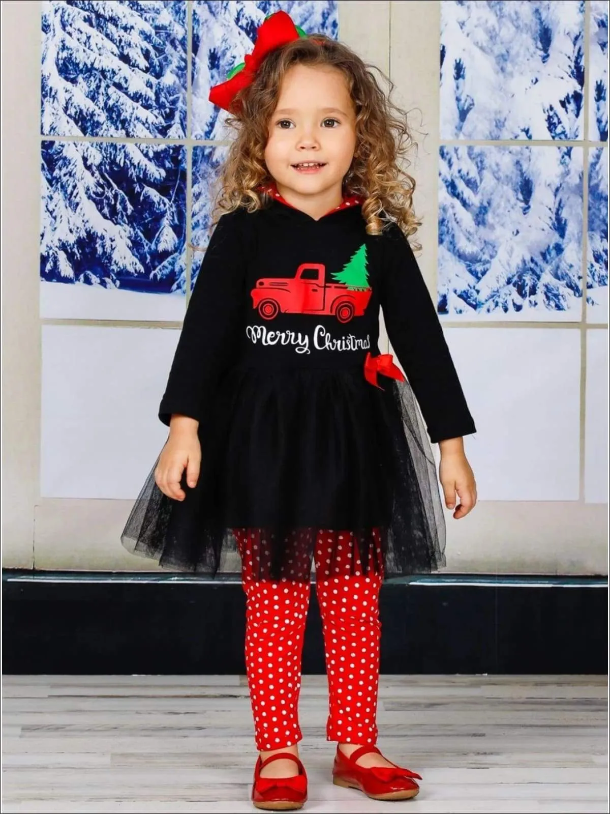 Girls "Merry Christmas" Truck Peplum Tutu Hoodie and Polka Dot Leggings Set