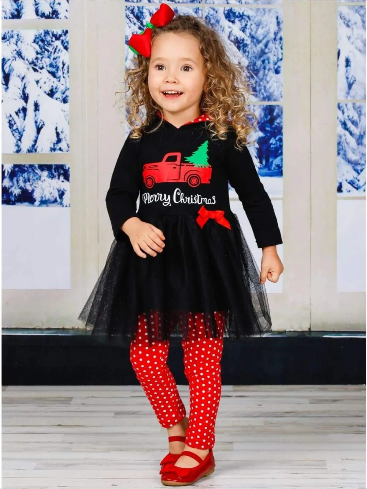 Girls "Merry Christmas" Truck Peplum Tutu Hoodie and Polka Dot Leggings Set