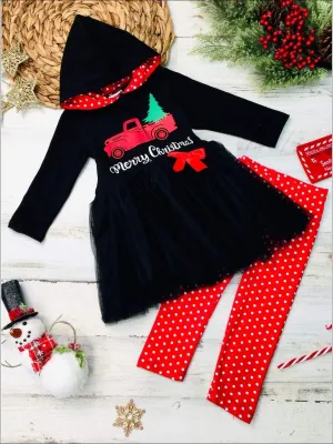 Girls "Merry Christmas" Truck Peplum Tutu Hoodie and Polka Dot Leggings Set