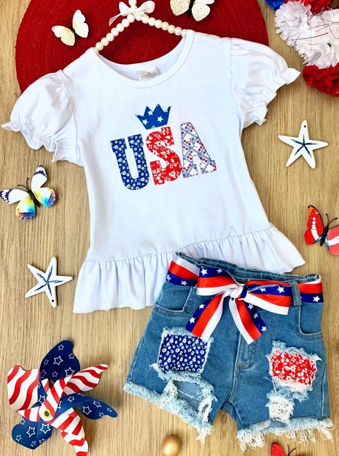 Girls "USA" Top and Patched Denim Shorts Set