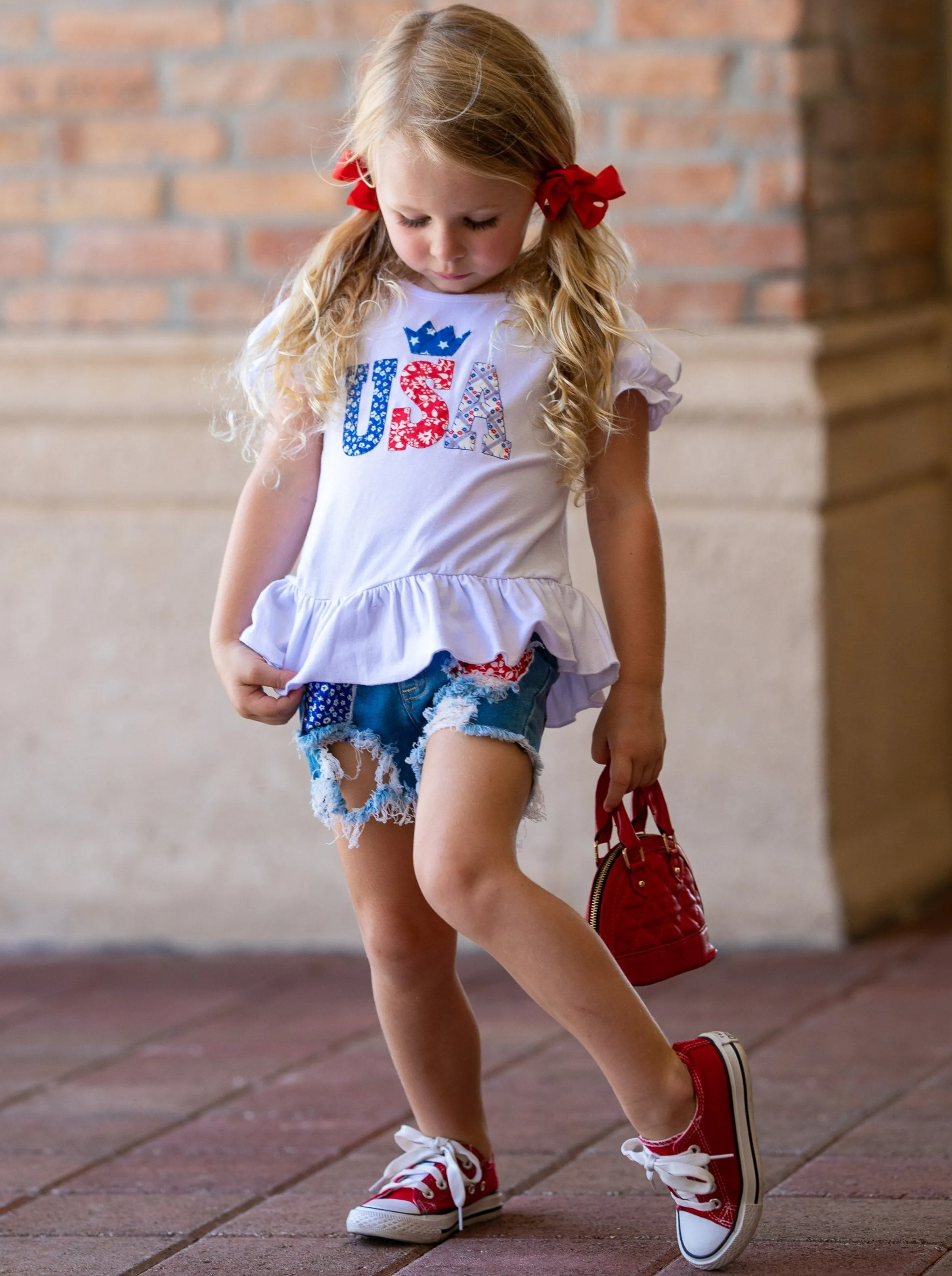 Girls "USA" Top and Patched Denim Shorts Set