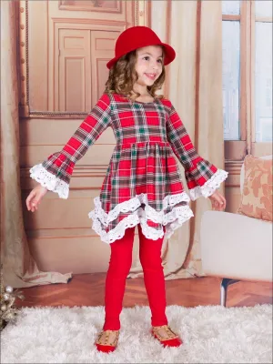 Girls Red Crochet Trim Plaid Peplum Top