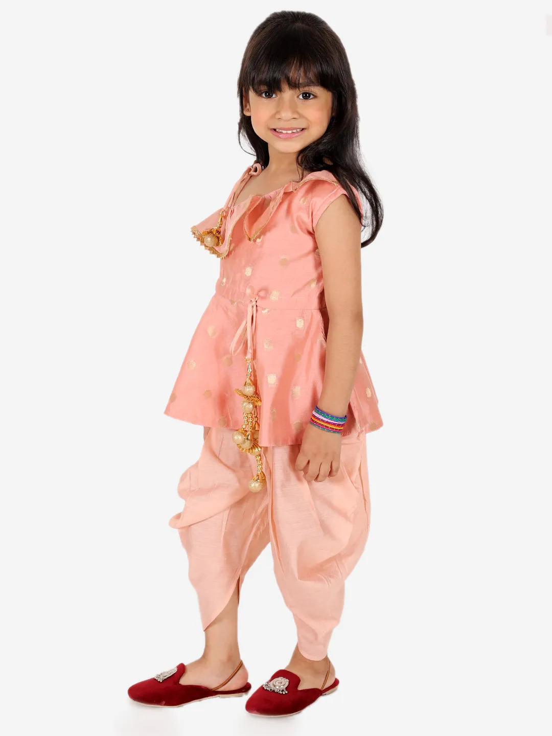 Girl's Silk Peach Dhoti Sets - Bownbee